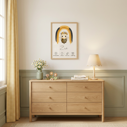 Abeille Zoé dans un petit cadre bois clair accroché au mur, décoration miel, sauge et crème