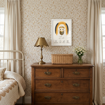 Abeille Zoé dans une chambre vintage fleurie, cadre blanc et mobilier ancien