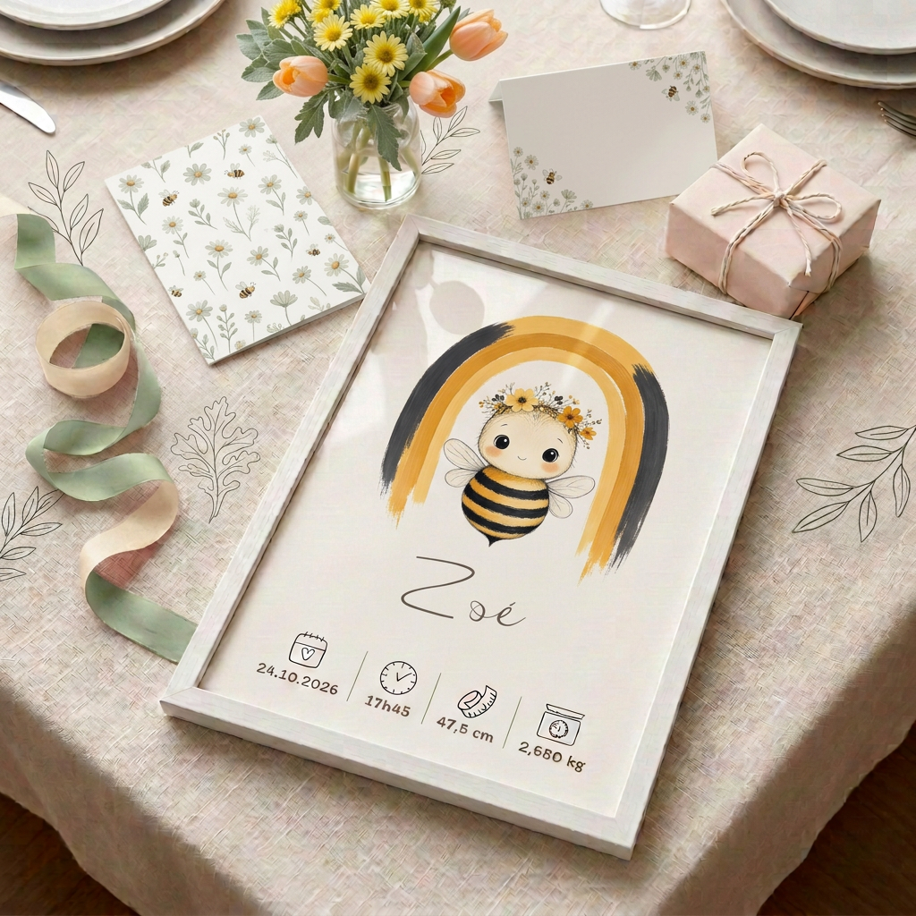 Abeille Zoé en cadre blanc présentée en cadeau sur une table fleurie