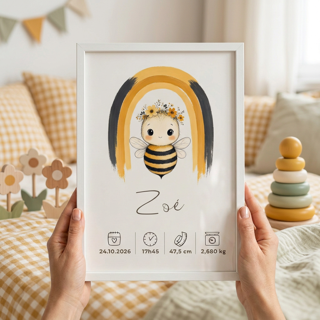 Abeille Zoé en cadre blanc tenu entre deux mains
