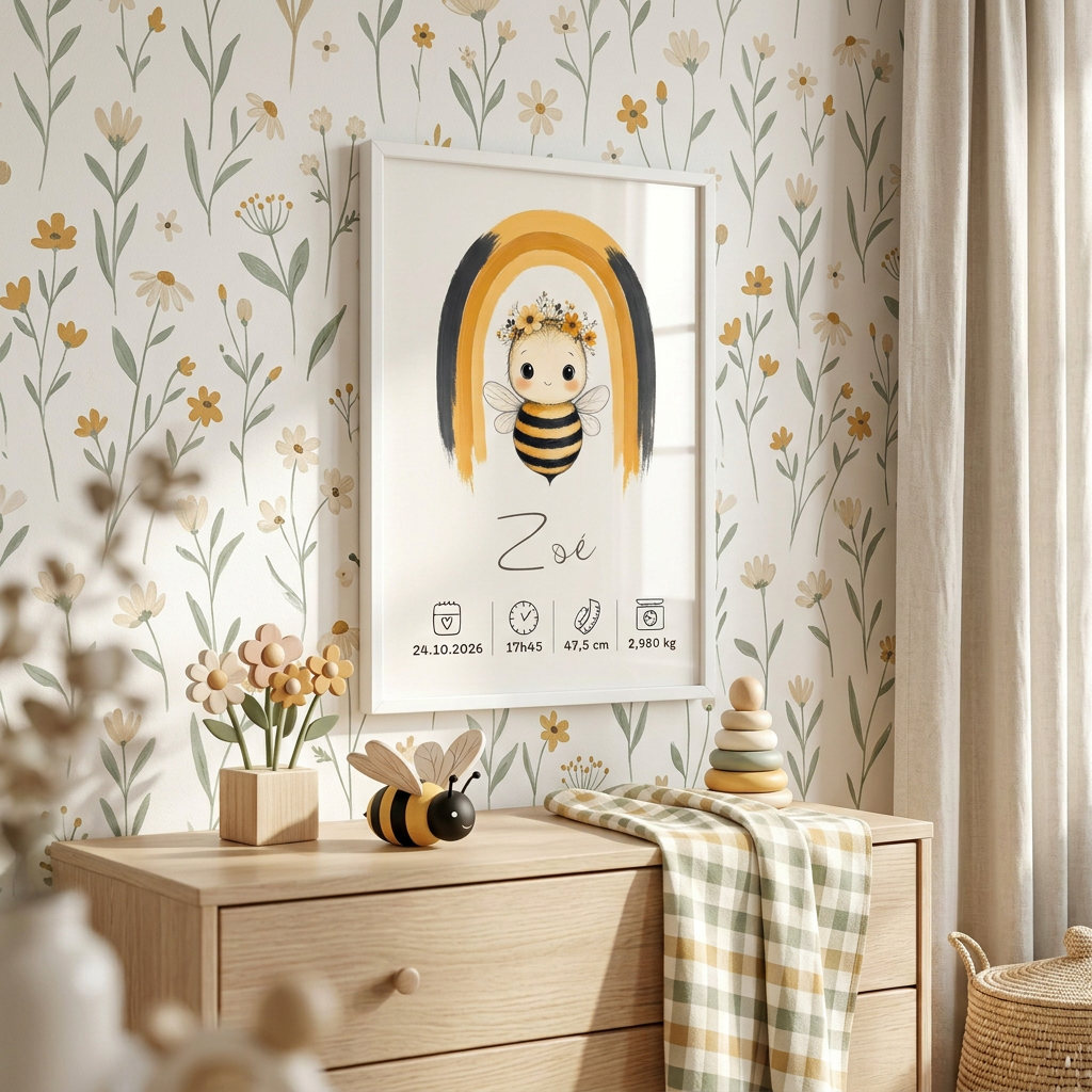 Abeille Zoé en petit cadre blanc au mur dans une chambre aux motifs de prairie