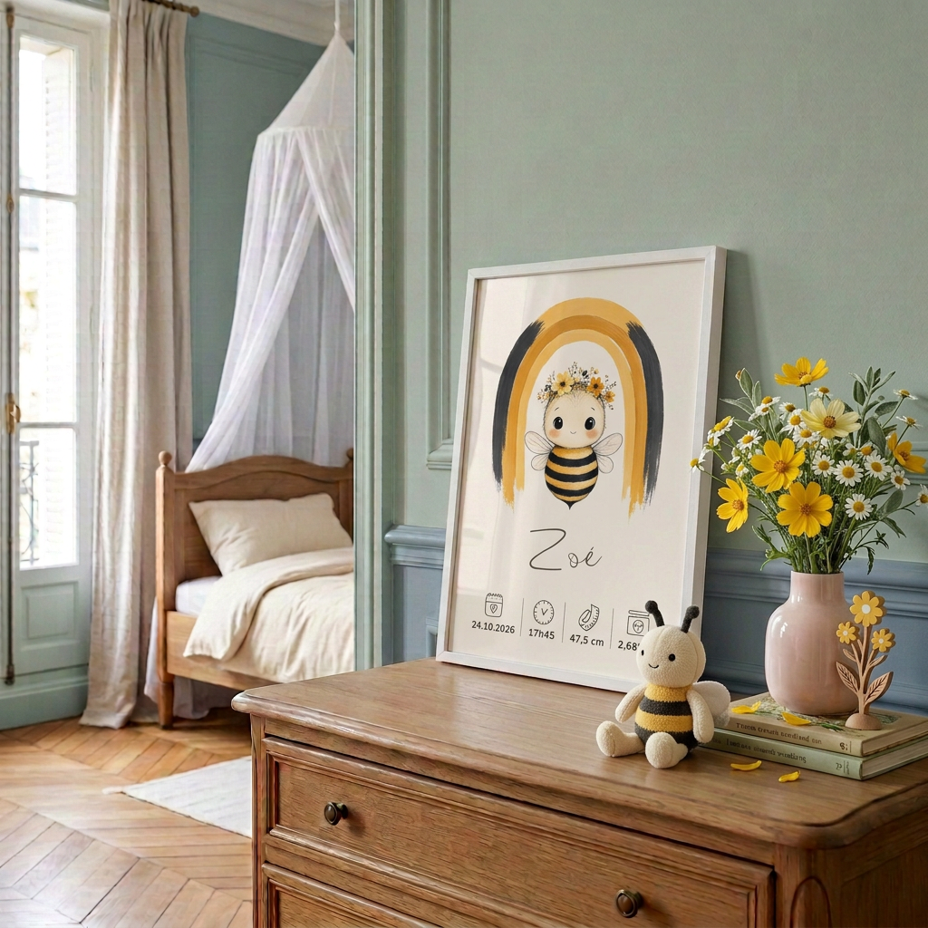 Abeille Zoé en petit cadre blanc sur une commode, décoration fleurie miel et sauge