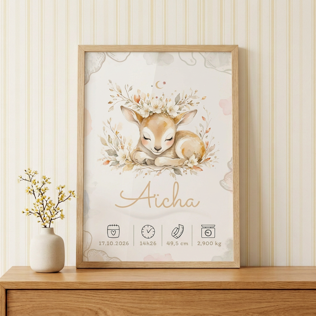 Affiche Aïcha dans un cadre bois clair sur une commode