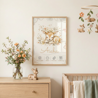 Affiche Aïcha encadrée dans une chambre printanière, décor de faons et de fleurs