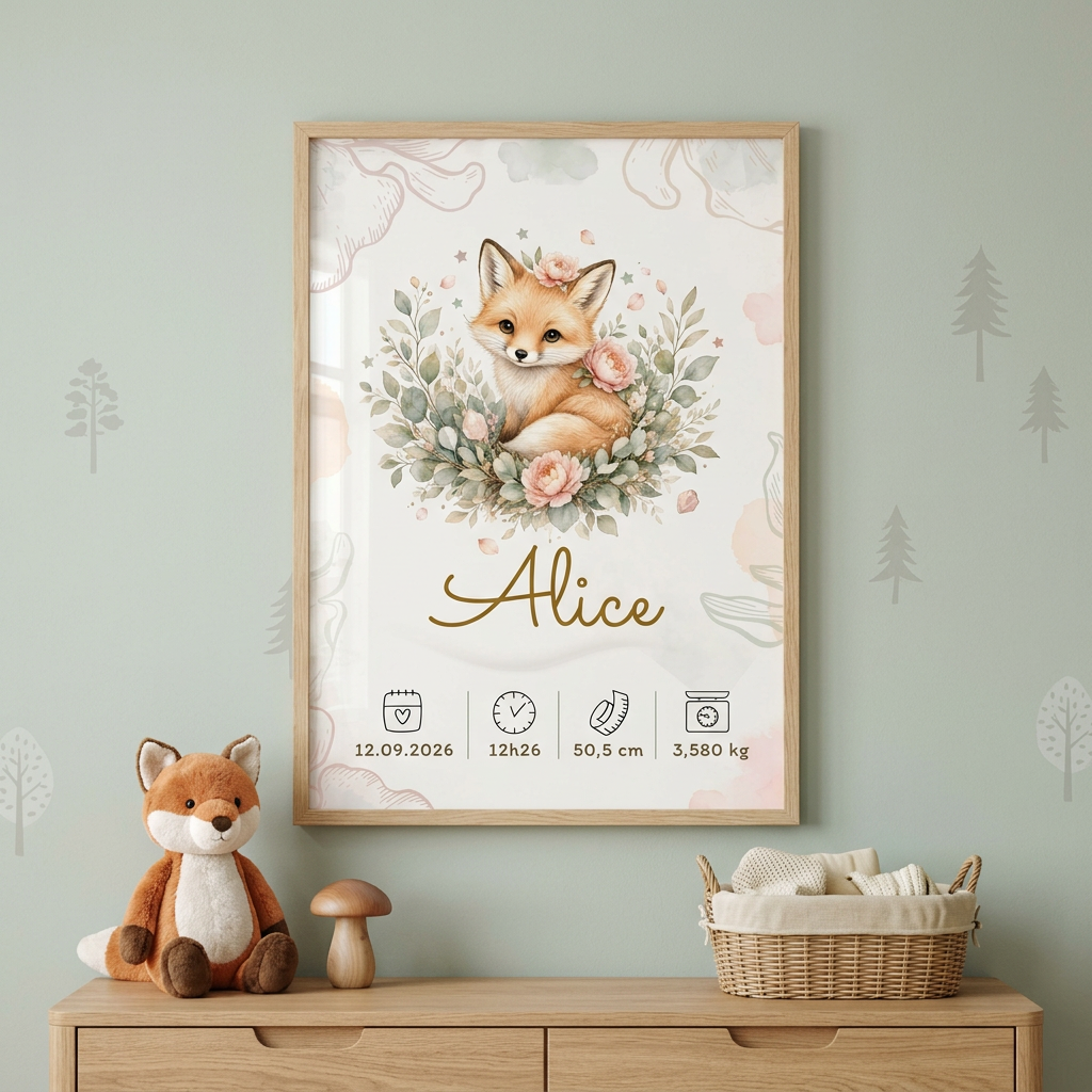 Affiche Alice encadrée avec plexiglas, vue de face dans une chambre sur le thème de la forêt