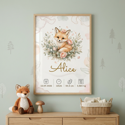 Affiche Alice encadrée avec plexiglas, vue de face dans une chambre sur le thème de la forêt