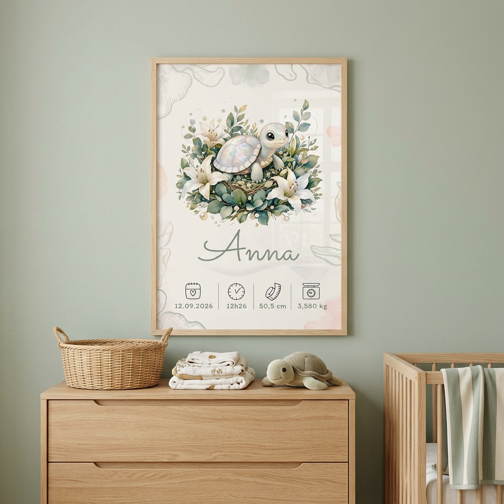 Affiche Anna dans un cadre en bois clair avec plexiglas, dans une chambre lumineuse