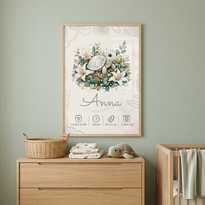 Affiche Anna dans un cadre en bois clair avec plexiglas, dans une chambre lumineuse