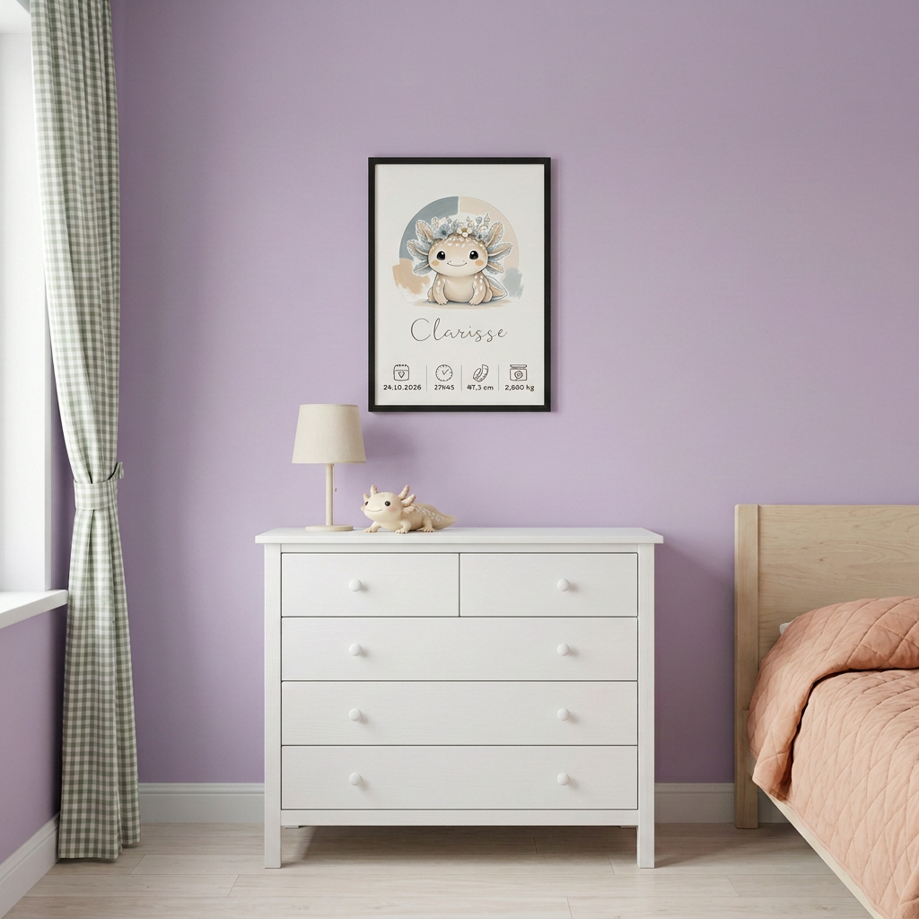 Affiche axolotl Clarisse en cadre noir dans une chambre lilas