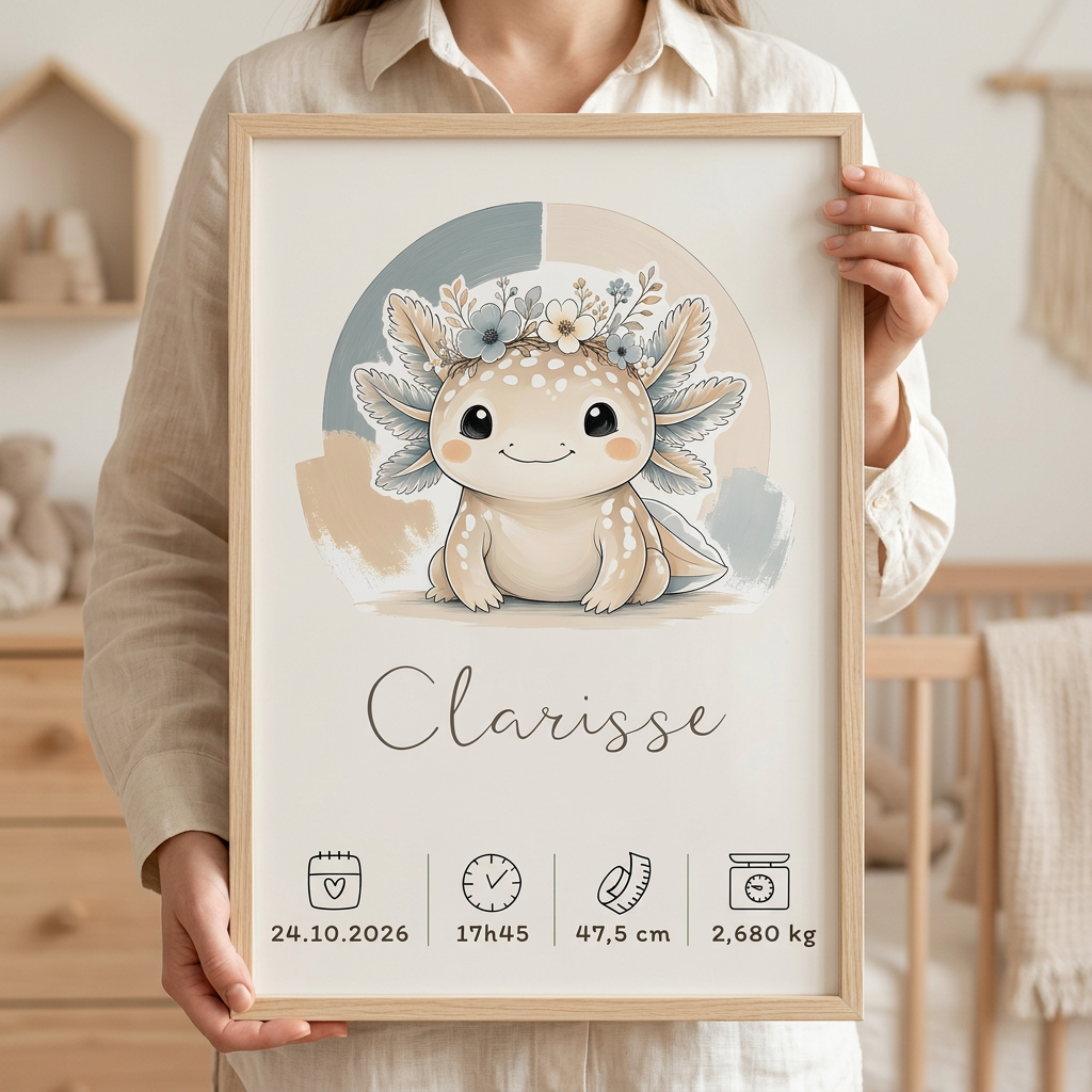 Affiche axolotl Clarisse encadrée tenue par une personne