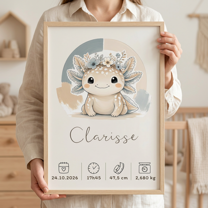 Affiche axolotl Clarisse encadrée tenue par une personne