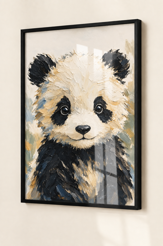 Affiche bébé panda dans un cadre noir sous plexiglas