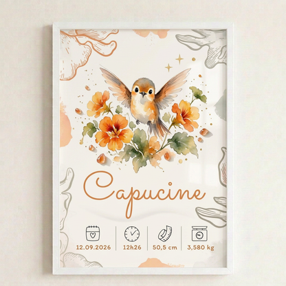 Affiche Capucine dans un cadre blanc au mur