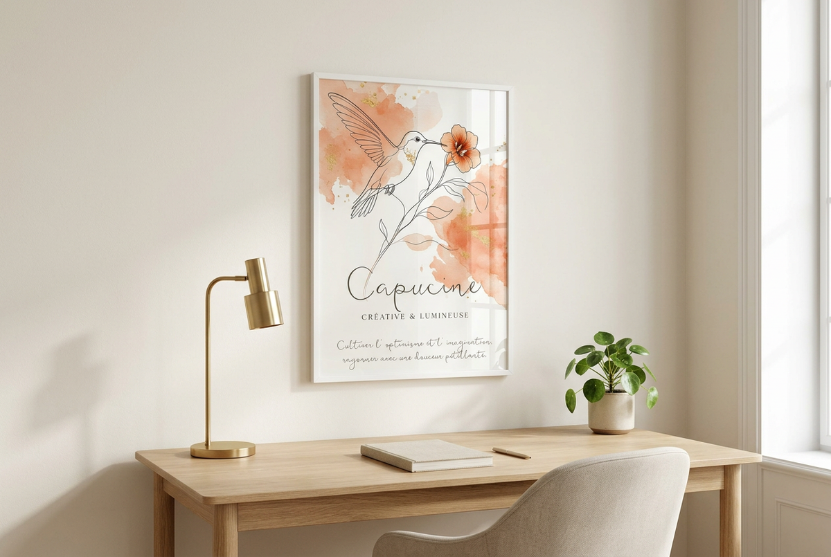 Affiche Capucine dans un cadre blanc avec plexiglas, dans un bureau lumineux