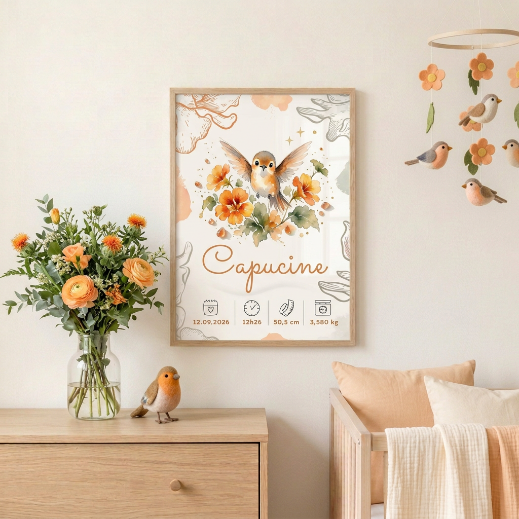 Affiche Capucine dans une chambre décorée d’oiseaux et de fleurs