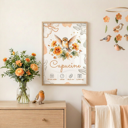 Affiche Capucine dans une chambre décorée d’oiseaux et de fleurs