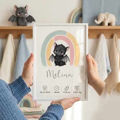 Affiche chauve-souris Mélina dans un cadre blanc A4 tenu en mains, ambiance pastel et animaux