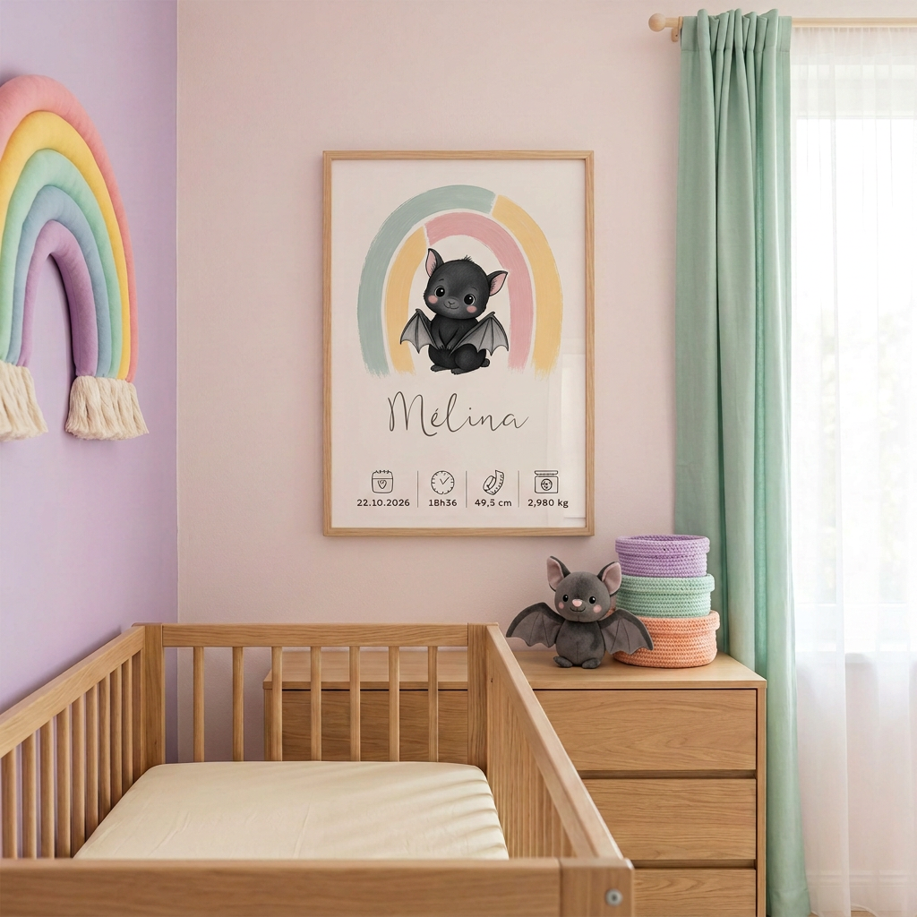 Affiche chauve-souris Mélina encadrée dans une chambre bébé arc-en-ciel pastel