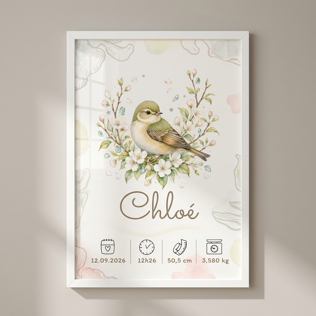Affiche Chloé dans un cadre blanc avec plexiglas, vue de face