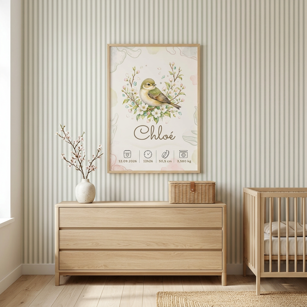 Affiche Chloé dans un cadre en bois clair avec plexiglas, dans une chambre épurée avec tapisserie