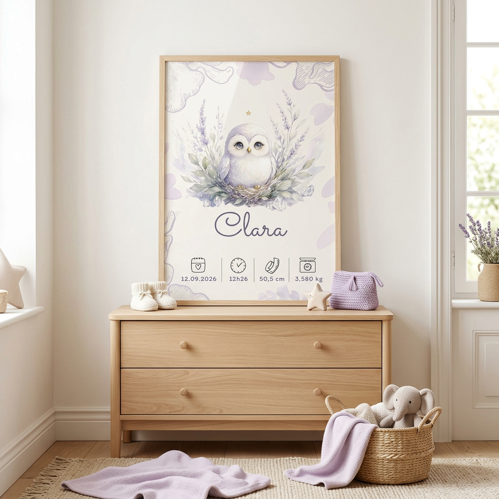 Affiche Clara A3 dans un cadre en bois clair avec plexiglas, dans une chambre d’enfant