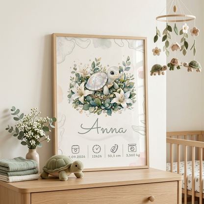 Affiche de naissance Anna dans un cadre en bois clair avec plexiglas, dans une chambre aux feuillages, tortues de terre et fleurs