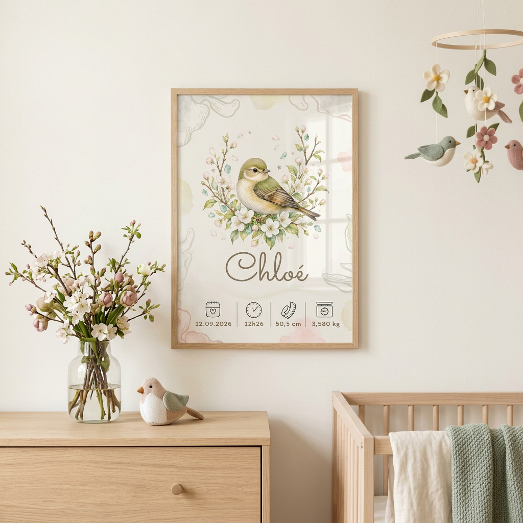 Affiche de naissance Chloé dans un cadre en bois clair avec plexiglas, dans une chambre printanière aux oiseaux et fleurs