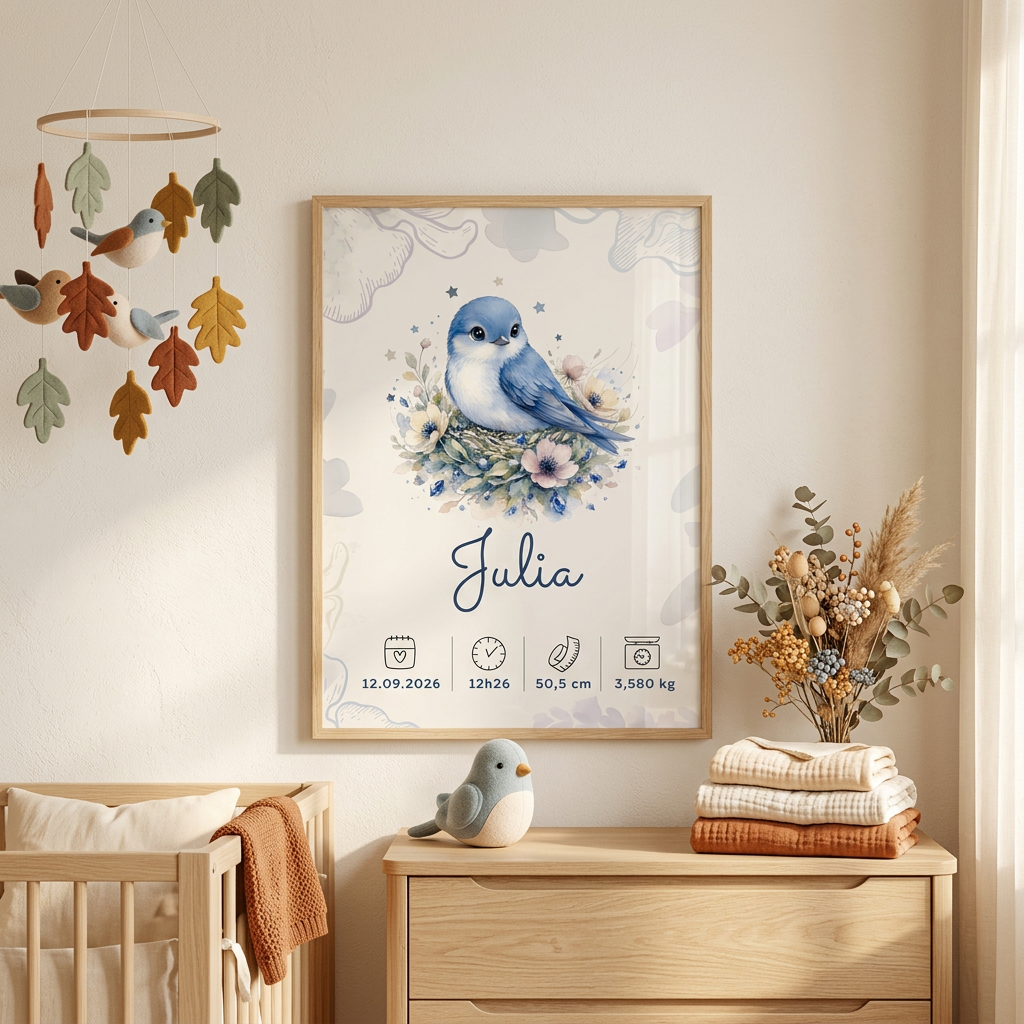 Affiche de naissance Julia dans un cadre en bois clair avec plexiglas, dans une chambre au thème automne et oiseaux