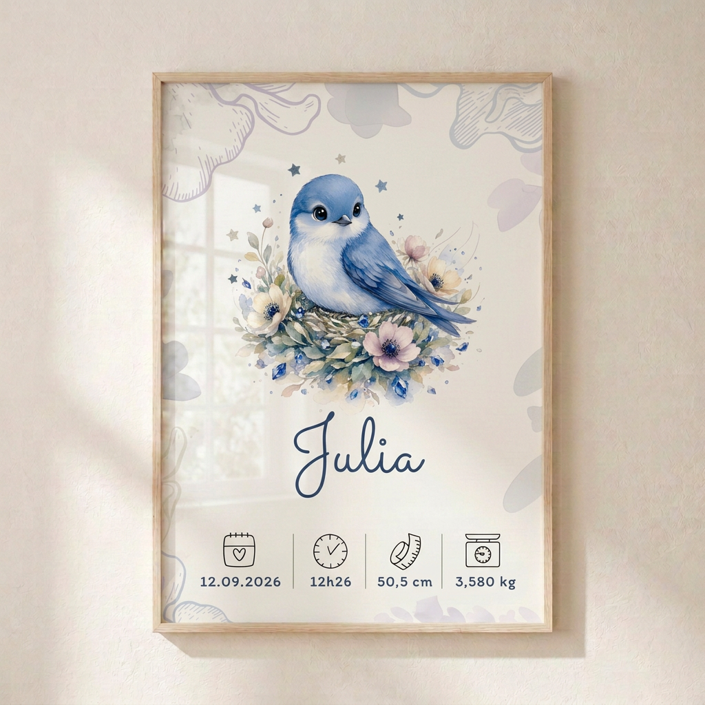 Affiche de naissance Julia dans un cadre en bois clair avec plexiglas