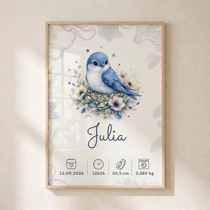 Affiche de naissance Julia dans un cadre en bois clair avec plexiglas
