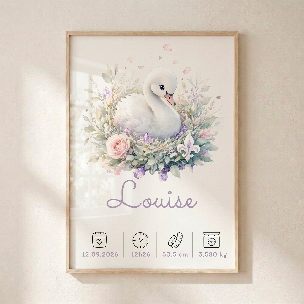 Affiche de naissance Louise dans le cadre en bois clair avec plexiglas sur un mur crème