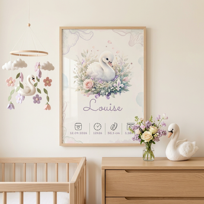 Affiche de naissance Louise encadrée avec plexiglas dans une chambre printanière au thème cygne