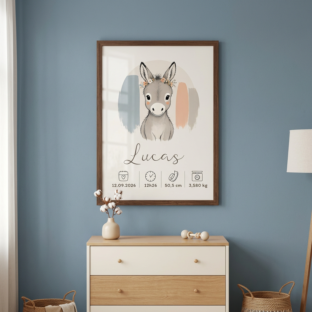 Affiche de naissance âne Lucas dans un cadre en bois foncé au mur