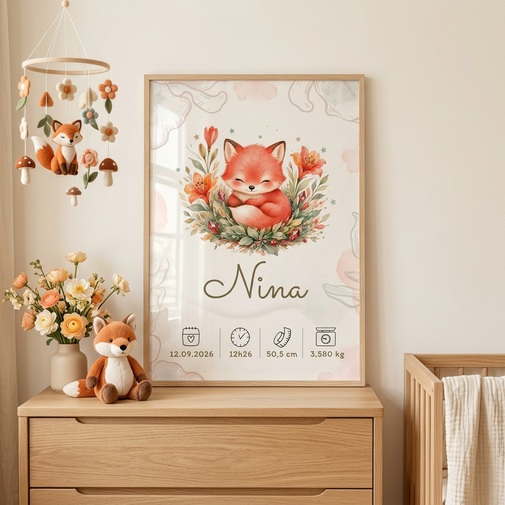 Affiche de naissance Nina dans un cadre en bois clair avec plexiglas, dans une chambre fleurie au thème renard