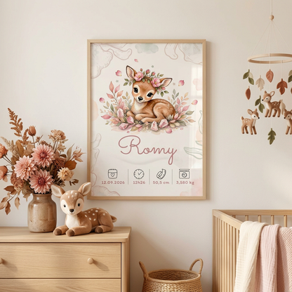 Affiche de naissance Romy dans un cadre en bois clair avec plexiglas, dans une chambre automnale au thème faon et fleurs