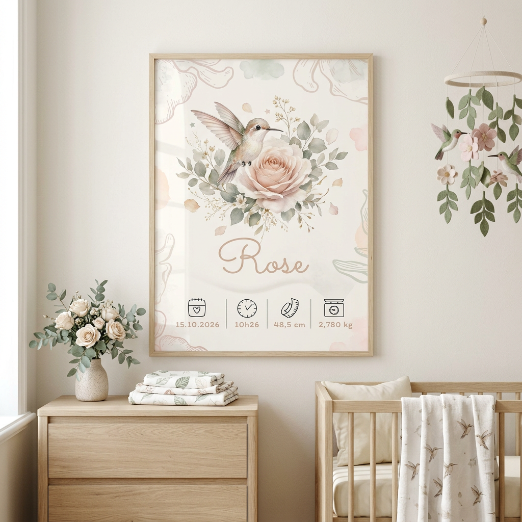 Affiche de naissance Rose dans un cadre en bois clair avec plexiglas, dans une chambre aux feuillages, colibris et fleurs
