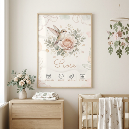 Affiche de naissance Rose dans un cadre en bois clair avec plexiglas, dans une chambre aux feuillages, colibris et fleurs