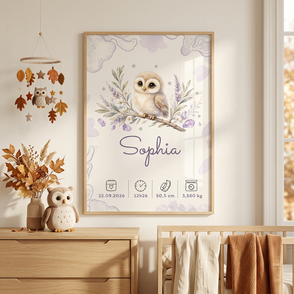 Affiche de naissance Sophia dans un cadre en bois clair avec plexiglas, dans une chambre au thème automne et chouette