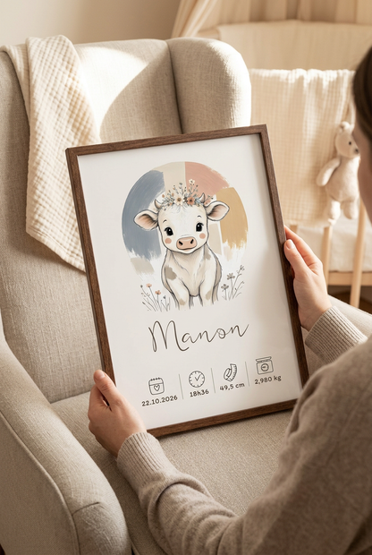 Affiche de naissance vache Manon encadrée tenue entre les mains