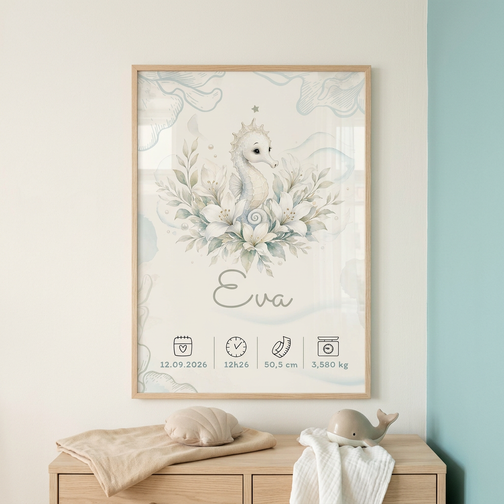 Affiche Eva dans un cadre en bois clair avec plexiglas, dans une chambre d’enfant sur le thème de la mer