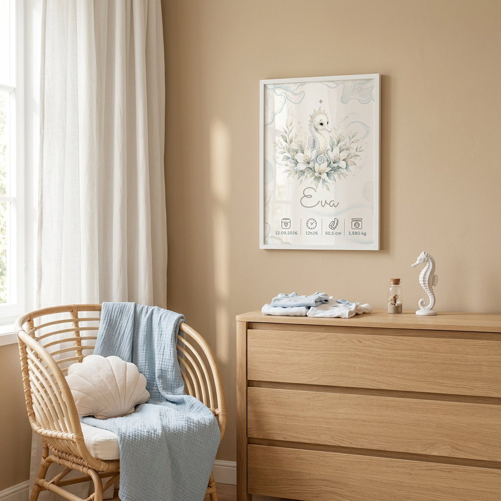 Affiche Eva dans un petit cadre blanc A4, dans une autre chambre aux tons sable et bleu pâle