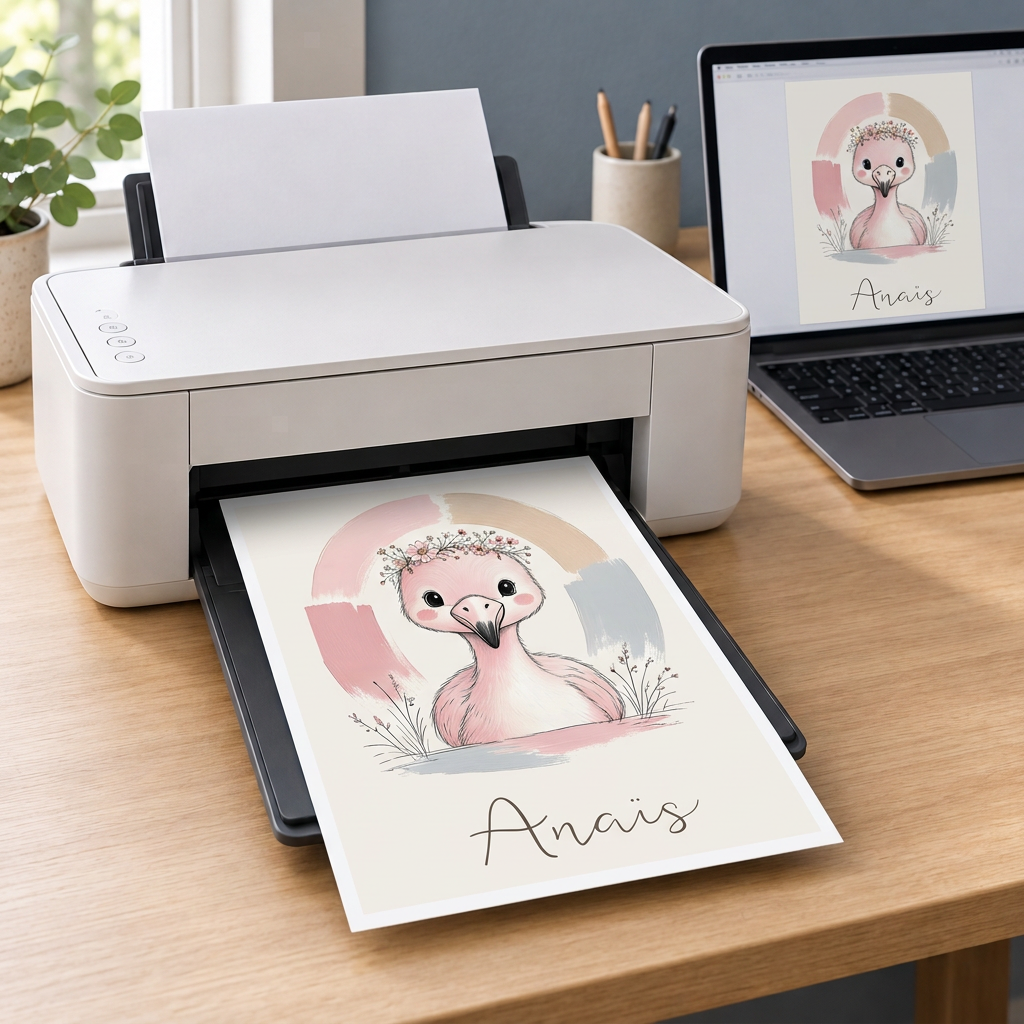 Affiche Flamant rose Anaïs imprimée à la maison, avec le même visuel sur l’écran de l’ordinateur