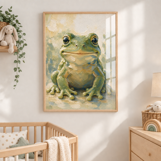 Affiche grenouille encadrée sous plexiglas dans une chambre de bébé