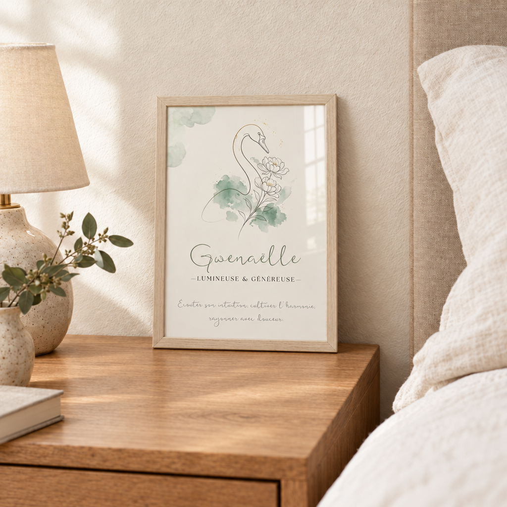Affiche Gwenaëlle au format A4 sur une table de chevet, avec cadre bois clair assorti à l’échantillon fourni