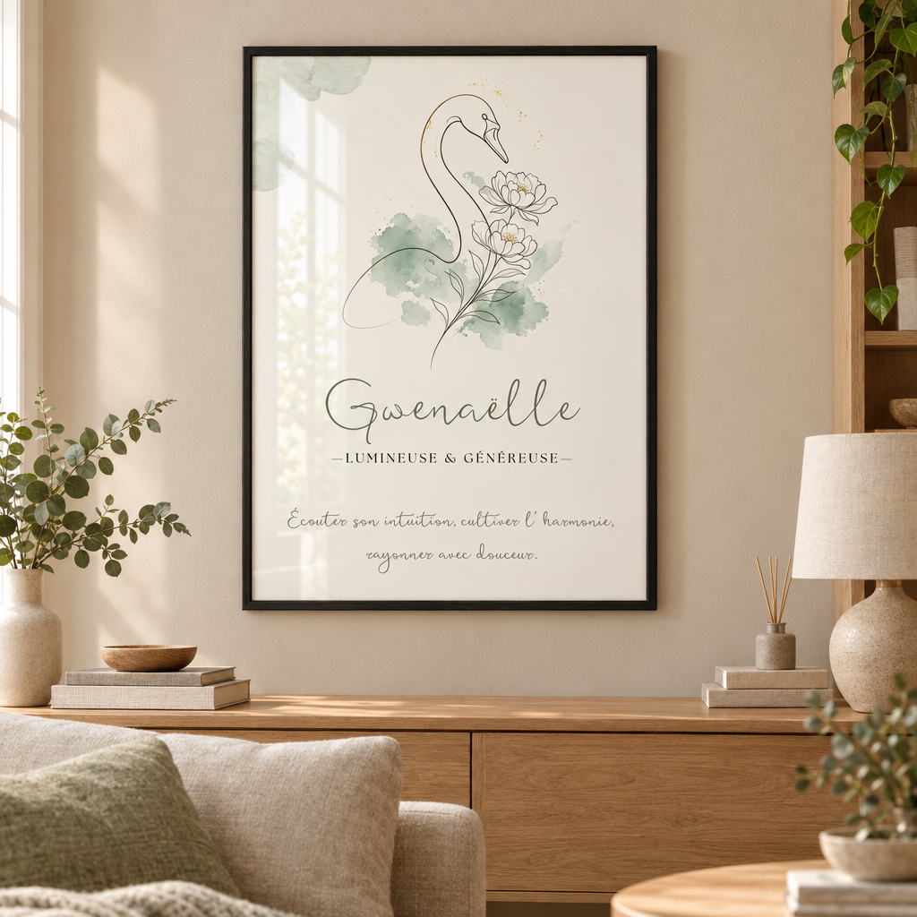 Affiche Gwenaëlle dans un cadre noir avec plexiglas, mise en scène dans un salon chaleureux