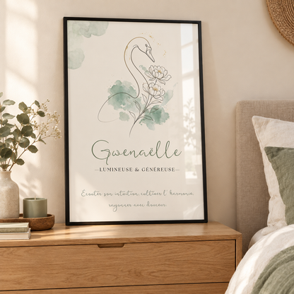 Affiche Gwenaëlle dans un cadre noir avec plexiglas, posée sur une commode contre le mur d’une chambre lumineuse
