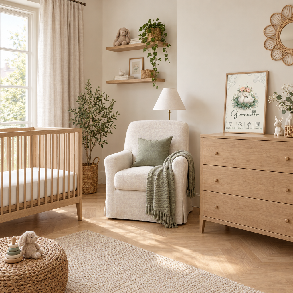 Affiche Gwenaëlle dans une chambre de bébé, rendu photographique soigné