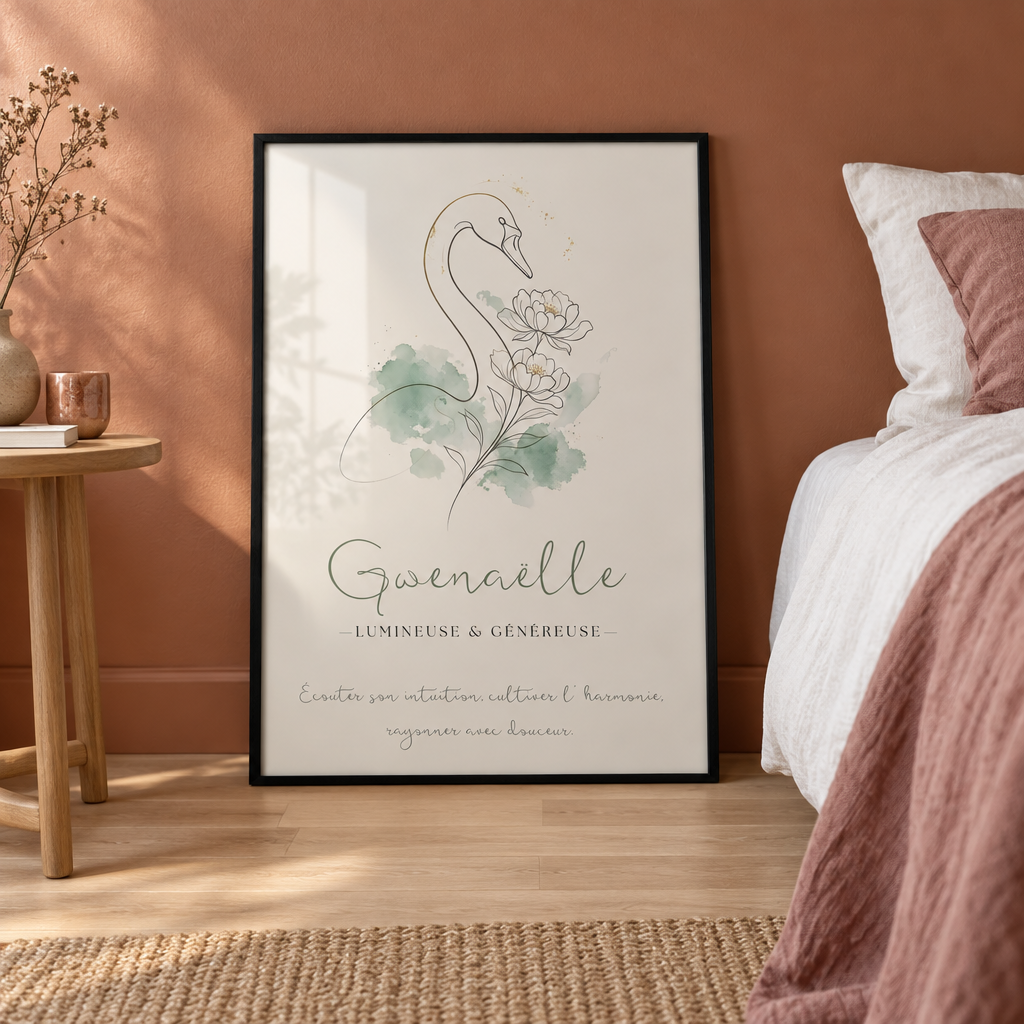 Affiche Gwenaëlle en cadre noir avec plexiglas, posée au sol contre le mur dans une chambre aux tons terracotta