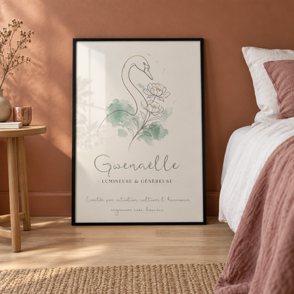 Affiche Gwenaëlle en cadre noir avec plexiglas, posée au sol contre le mur dans une chambre aux tons terracotta