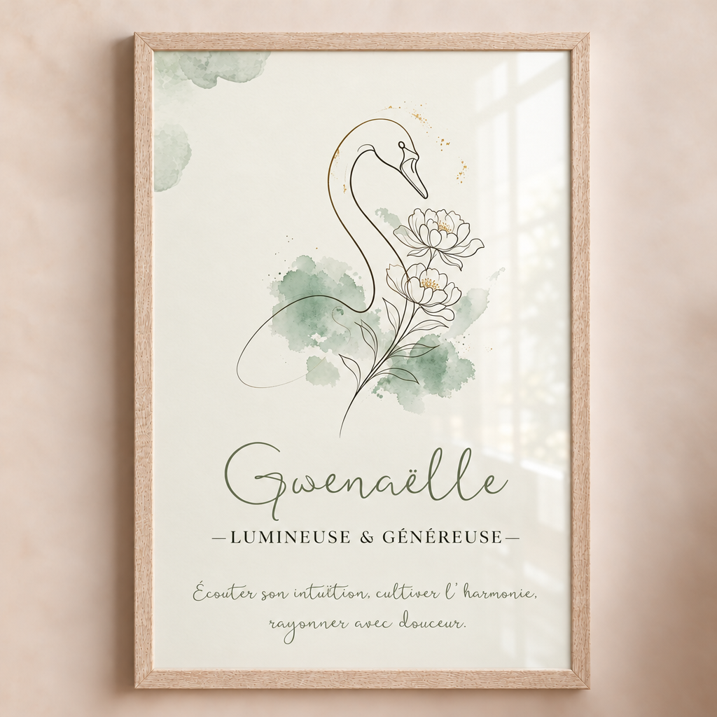 Affiche Gwenaëlle encadrée en bois clair avec plexiglas